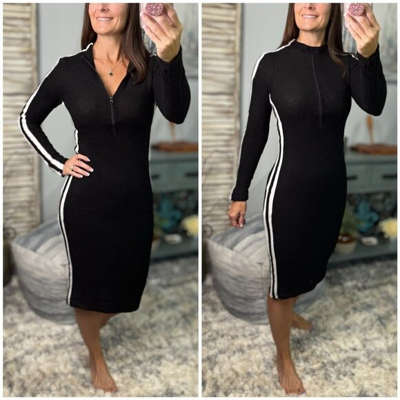 Dresses & Skirts - Sporty Athletic Hacci Lightweight Varsity Sweater Contrast Dress Black 0623